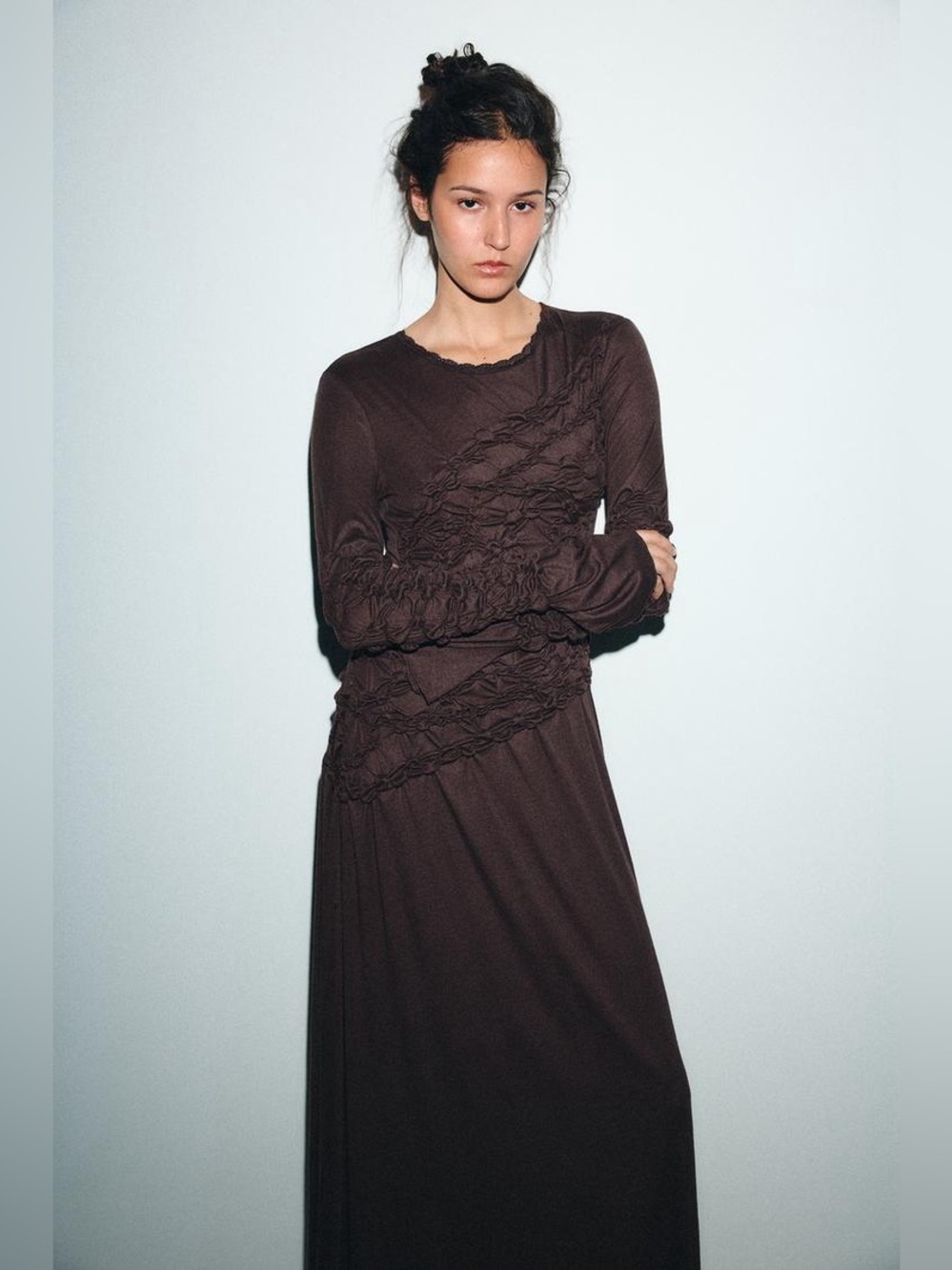 NWT Zara Gorgeous Brown Ruffled scrunch Maxi Dress - Picture 4 of 8